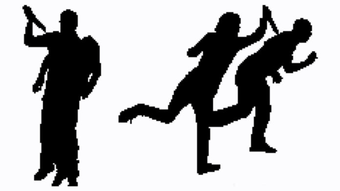 Young man and woman stab each other with a knife