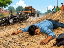 सड़क पर फैलाई गई रेत-बजरी पर बाइक फिसलने से एक की मौत One killed after bike skids on sand and gravel