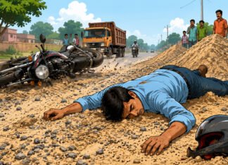 सड़क पर फैलाई गई रेत-बजरी पर बाइक फिसलने से एक की मौत One killed after bike skids on sand and gravel